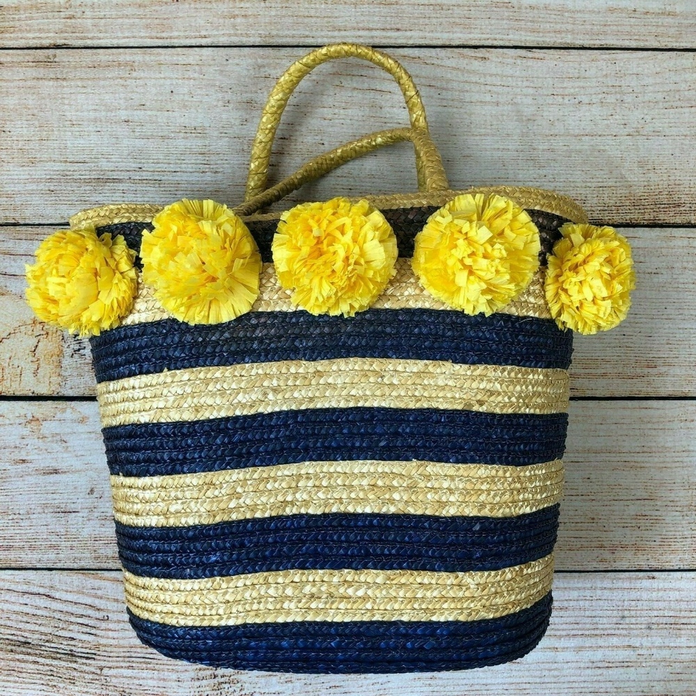Mudpie blue yellow pom pom straw purse large